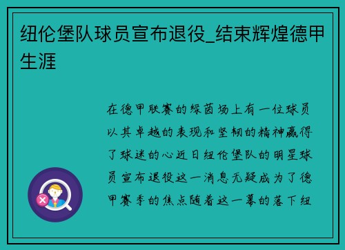 纽伦堡队球员宣布退役_结束辉煌德甲生涯